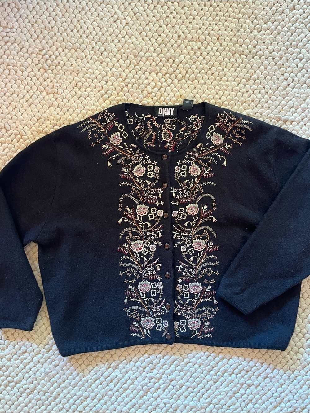 Vintage DKNY Black wool Cardigan with Cream, Red and Brown Embroidery